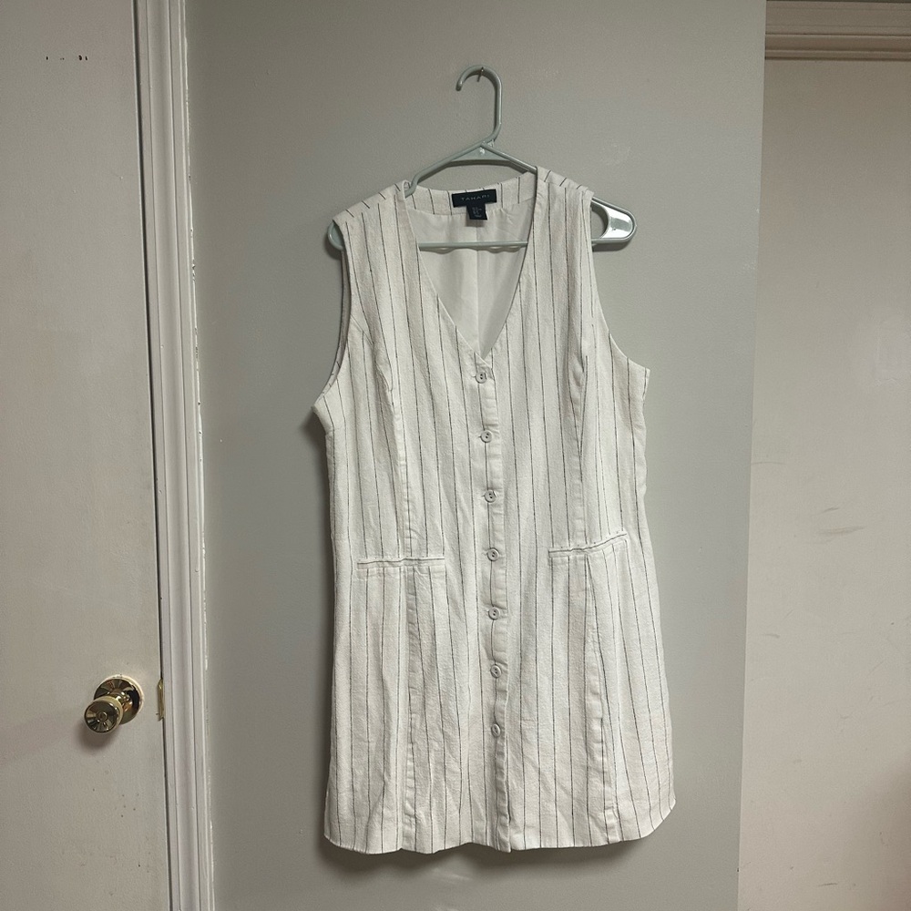 Tahari linen pinstriped button down vest dress